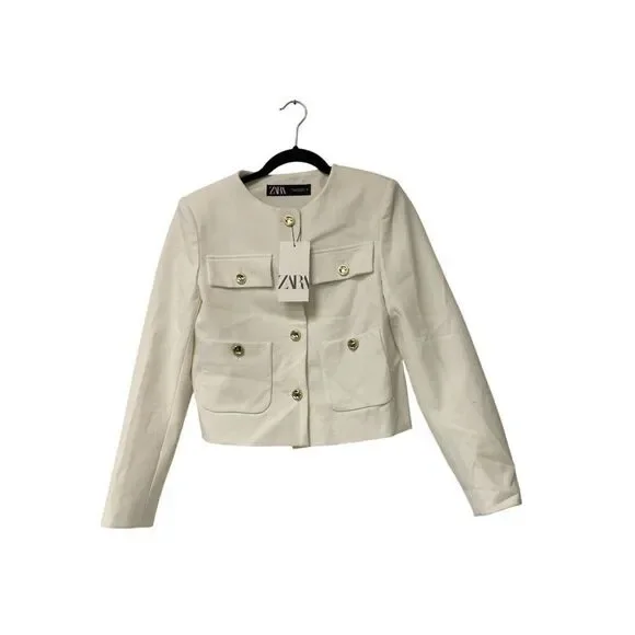 Zara Womens Blazer Jacket Size XS White Gold Button Cropped 8630/599 NWT - Picture 2 of 13
